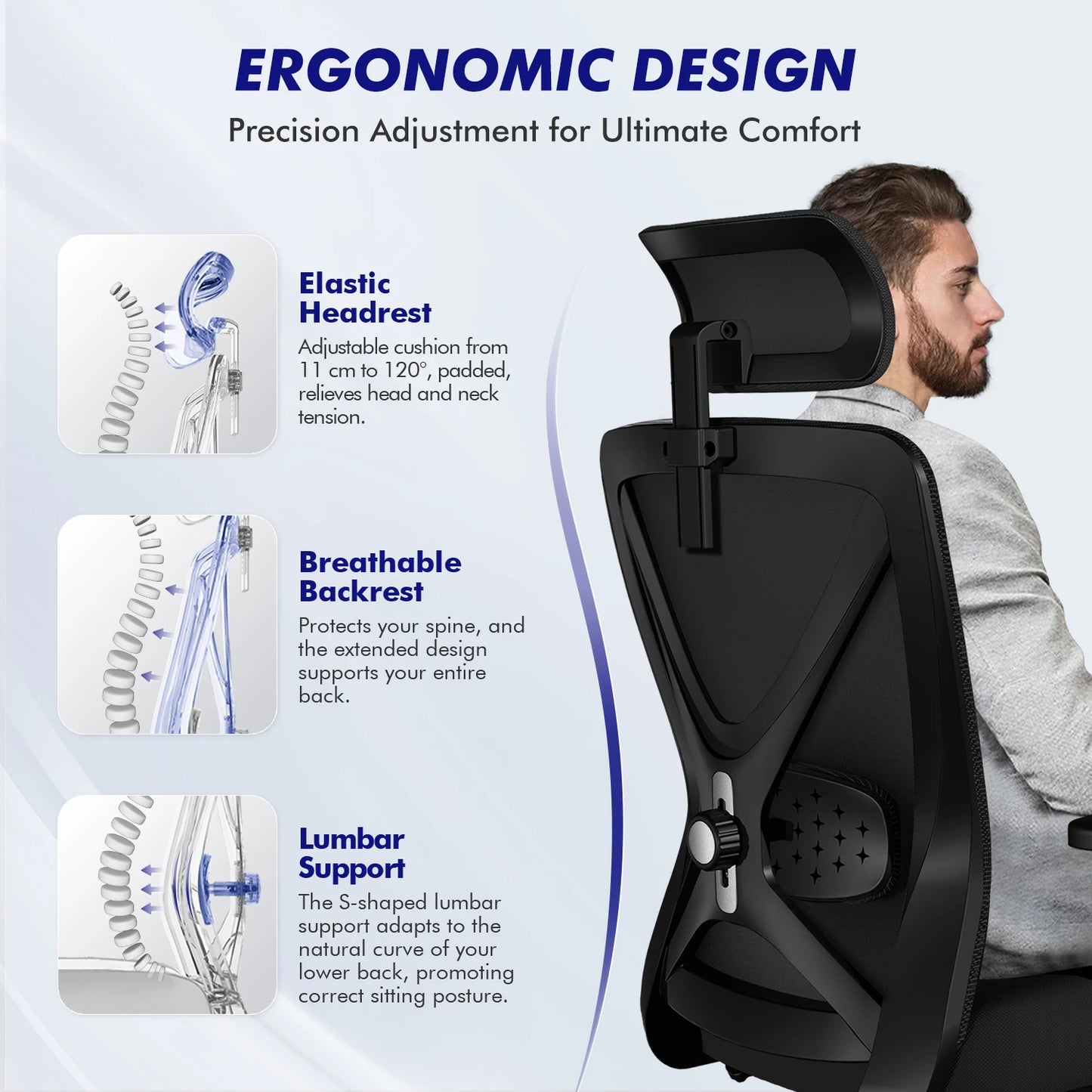 AUTHMIC Ergonomic Office Chair with 5D Lumbar Support, Mesh Back, Adjustable Headrest, Armrests & Reclining Desk Chair