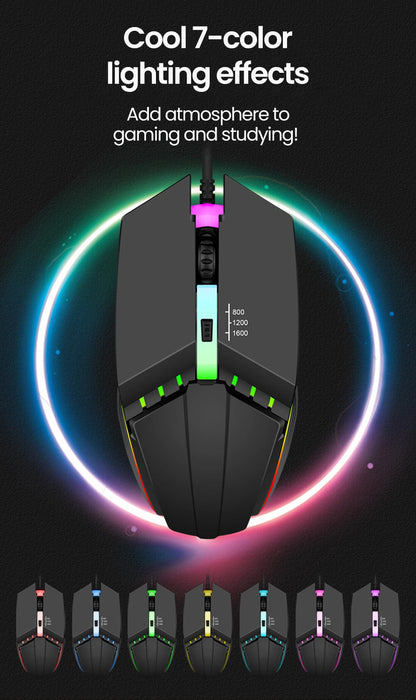 Ratón gaming USB con cable RGB retroiluminado, botón de silencio, LED luminoso y 1600DPI para PC de escritorio, portátil, ordenador, hogar y oficina