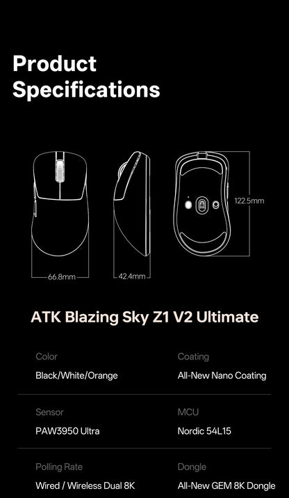 ATK Blazing Sky Z1 V2 Ultimate Ασύρματο Ποντίκι PAW3950 Ultra Dual 8K Gaming Ποντίκι Εργονομικό, Ιδανικό για Μεσαίο έως Μεγάλο Χέρι