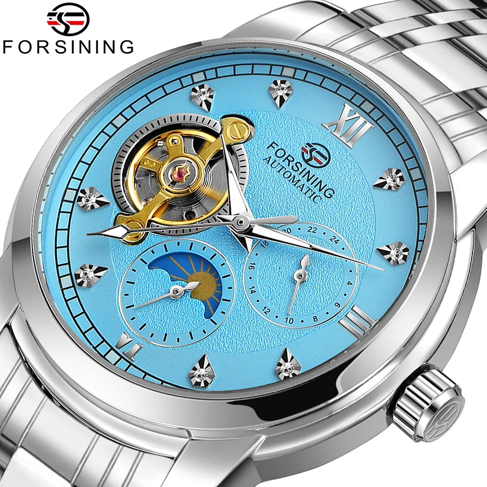 Pánské mechanické hodinky s automatickým nátahem značky Forsining – luxusní, businessový a módní styl, kovový náramek, tourbillon, luminiscenční ručičky, zdobené umělými diamanty
