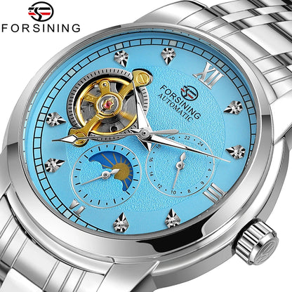 Pánské mechanické hodinky s automatickým nátahem značky Forsining – luxusní, businessový a módní styl, kovový náramek, tourbillon, luminiscenční ručičky, zdobené umělými diamanty