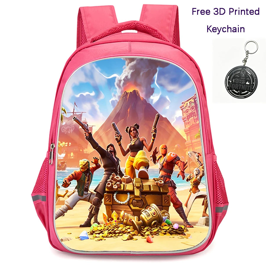 Mochila FORTNITE de 16 polegadas, resistente e leve, bolsos duplos com fecho, estilo cartoon para rapazes e raparigas dos 6 aos 10 anos, porta-chaves 3D impresso grátis