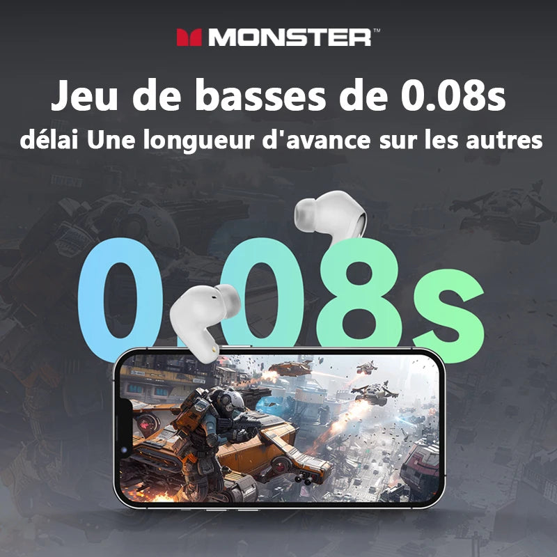 Monster MQT52 Bluetooth 5.4 Wireless Earphones Gaming Headphones with Mic, HiFi Stereo Sound True Wireless Earbuds, Low Latency Bluetooth 5.4 Earphones with 24H Battery Life