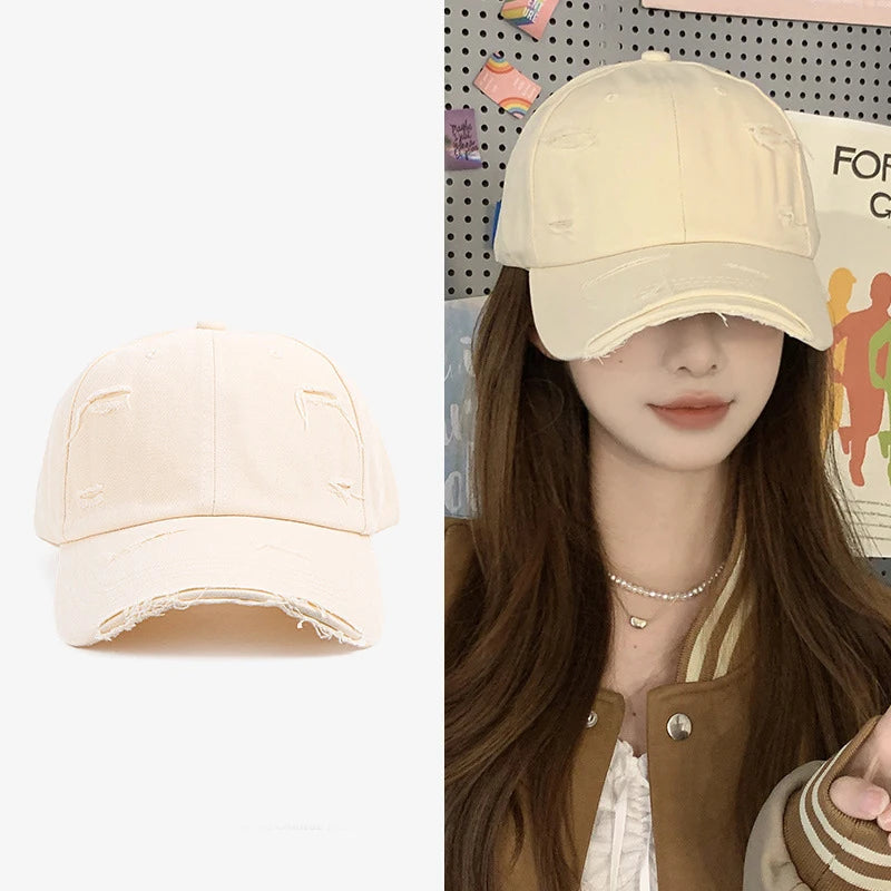Casquette hip-hop polyvalente pour homme et femme, nouvelle collection printemps-été, à visière incurvée, style rétro, effet usé, avec trou et bord en bec de canard