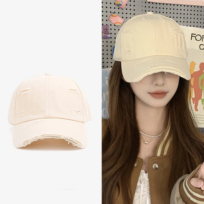 Casquette hip-hop polyvalente pour homme et femme, nouvelle collection printemps-été, à visière incurvée, style rétro, effet usé, avec trou et bord en bec de canard