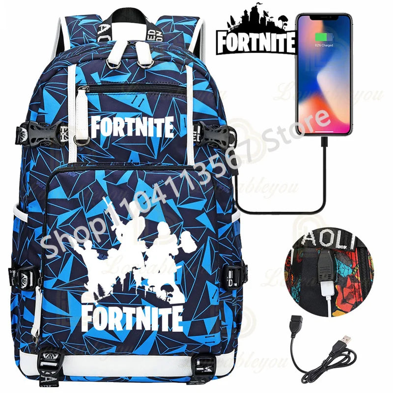 Yule Trooper F-Fortnited Battle Royale Rucksack mit USB-Ladeanschluss, Anime-Figuren, Lern- und Schreibwarenfach für Schüler