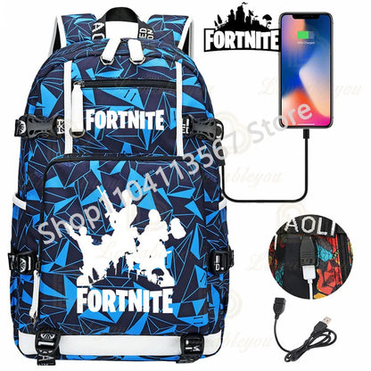 Yule Trooper F-Fortnited Battle Royale Rucksack mit USB-Ladeanschluss, Anime-Figuren, Lern- und Schreibwarenfach für Schüler