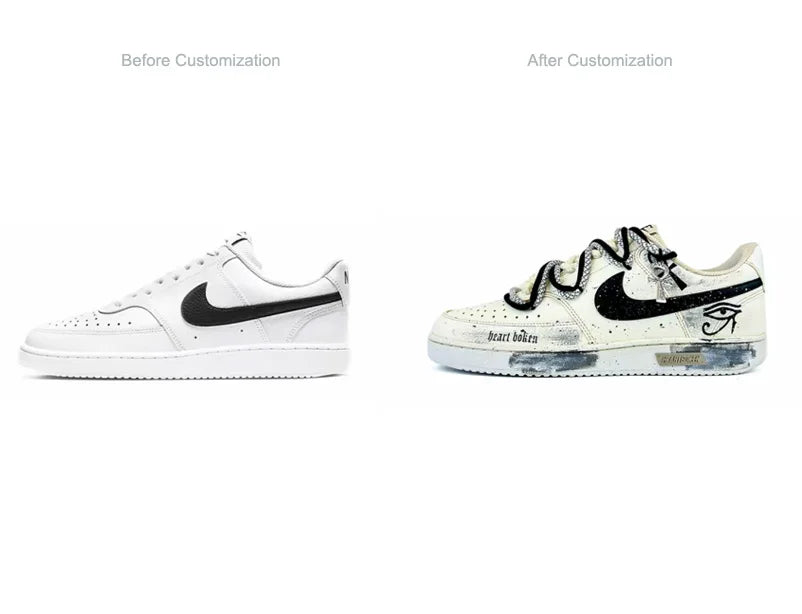 Personalizované tenisky Nike Court Vision 1 Low „Eye of God 2.0“ s efektem opotřebení a rozstříknutým vzorem – pánské tenisky na skateboarding