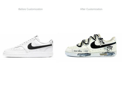 Personalizované tenisky Nike Court Vision 1 Low „Eye of God 2.0“ s efektem opotřebení a rozstříknutým vzorem – pánské tenisky na skateboarding