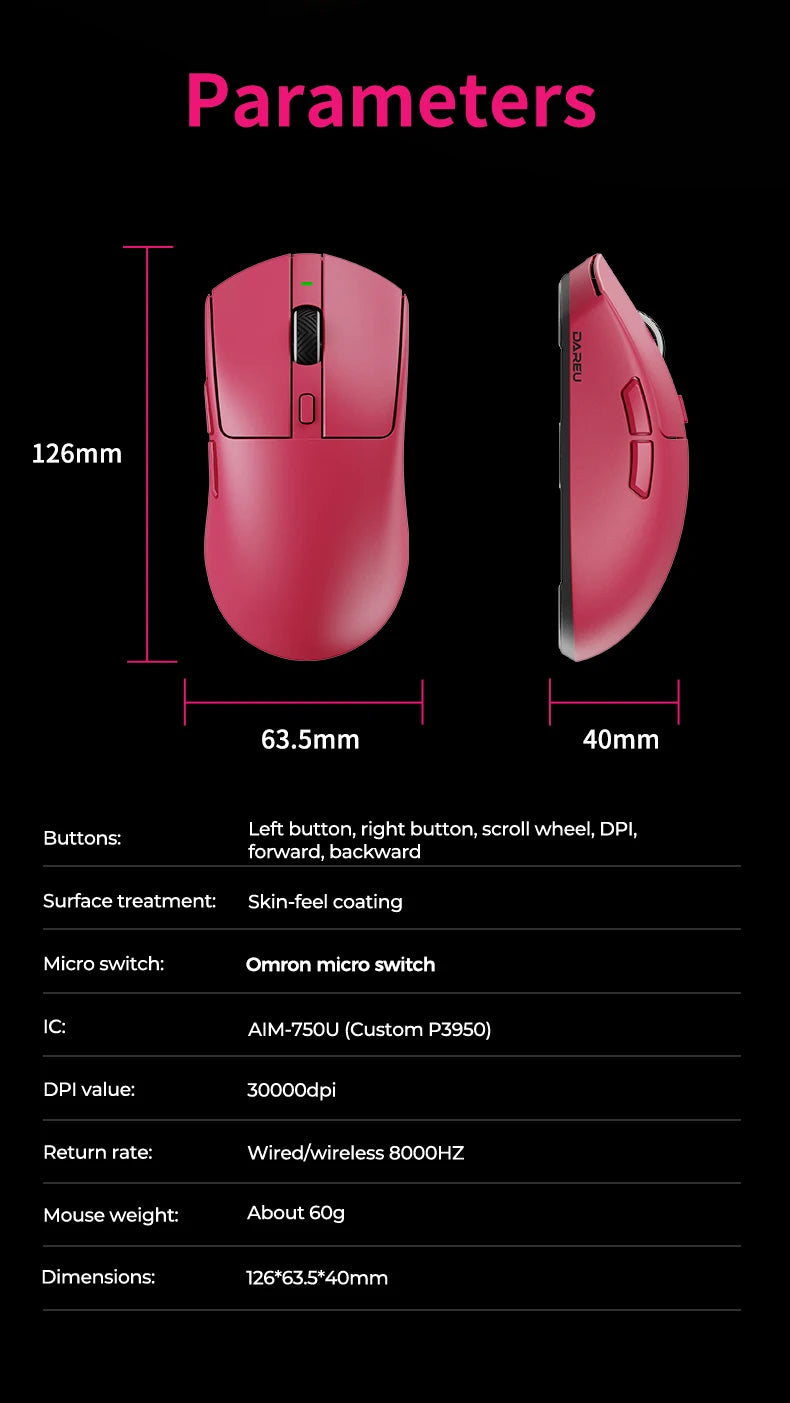 DAREU draadloze gamingmuis 8khz polling rate AIM-750 (3950) 30000 DPI tri-mode gamermuis 60g met oplaadstation