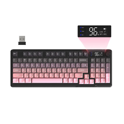 FREEWOLF M96 Wireless Keyboard RGB Gaming Keyboard with Knob Control, Bluetooth/2.4G/USB Wired Mechanical Feel Keyboard, PBT Keycaps, Display Screen, 3000mAh Battery