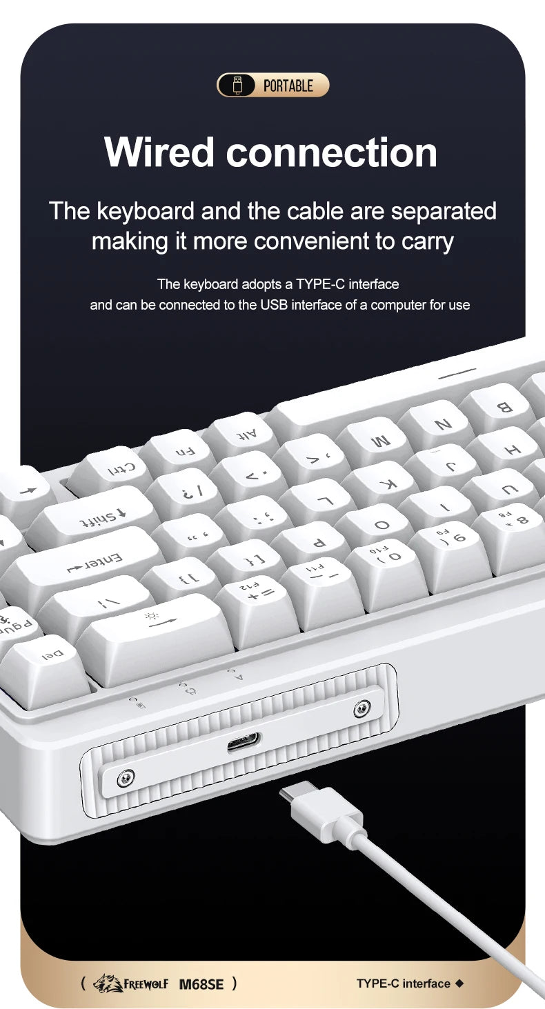 FREEWOLF M68SE Mechanical Feel Keyboard 68 Keys Mini Wired Compact Keyboard Silent for Laptops,Gaming and Office Use