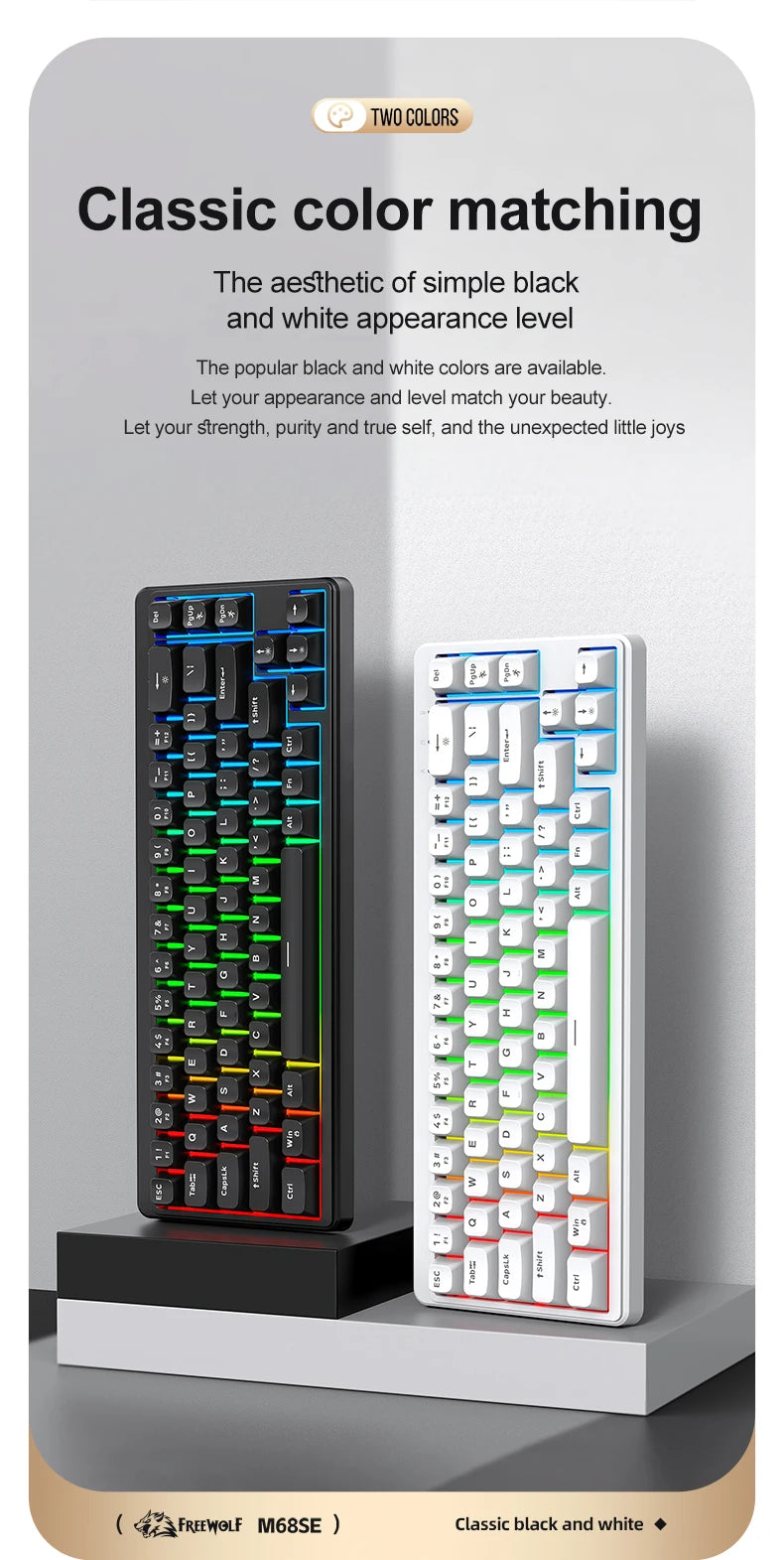 FREEWOLF M68SE Mechanical Feel Keyboard 68 Keys Mini Wired Compact Keyboard Silent for Laptops,Gaming and Office Use