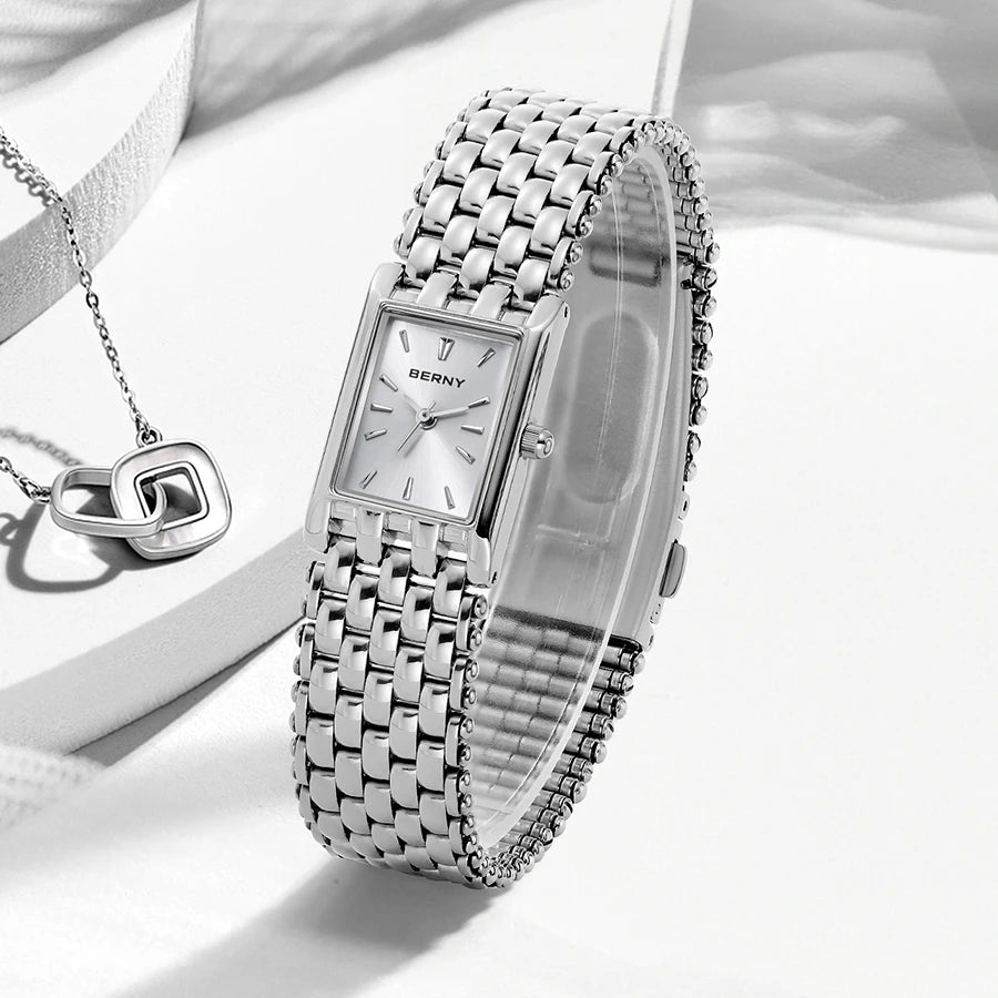 BERNY Square Watch for Women Quartz Ladies Wristwatches Stainless Steel Women Small Dial Watch Luxury Casual Fashion Watches