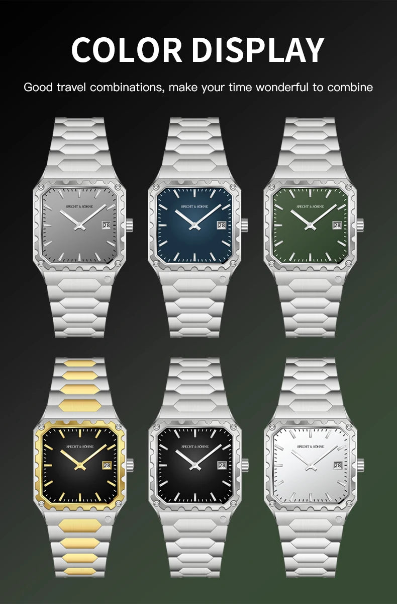 Specht & Söhne New Luxury Square 222 Watch Waterproof Male Clock Luminous Sapphire Stainless Steel Blue Men Watch Reloj Hombre
