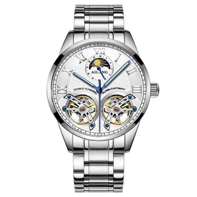AILANG Double Tourbillon Design Business Men Mechanical Watch Fashion Leather Moon Phase Automatic Watches for Mens Reloj Hombre
