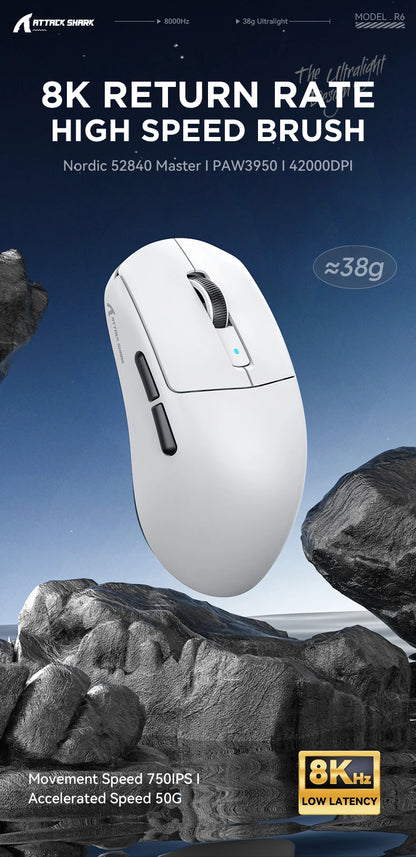 ATTACK SHARK R6 PAW3950MAX Ασύρματο Gaming Ποντίκι, 8Khz Polling, Υπερελαφρύ 39g, Nordic 52840 MCU, Οπτικοί Μικροδιακόπτες Omron