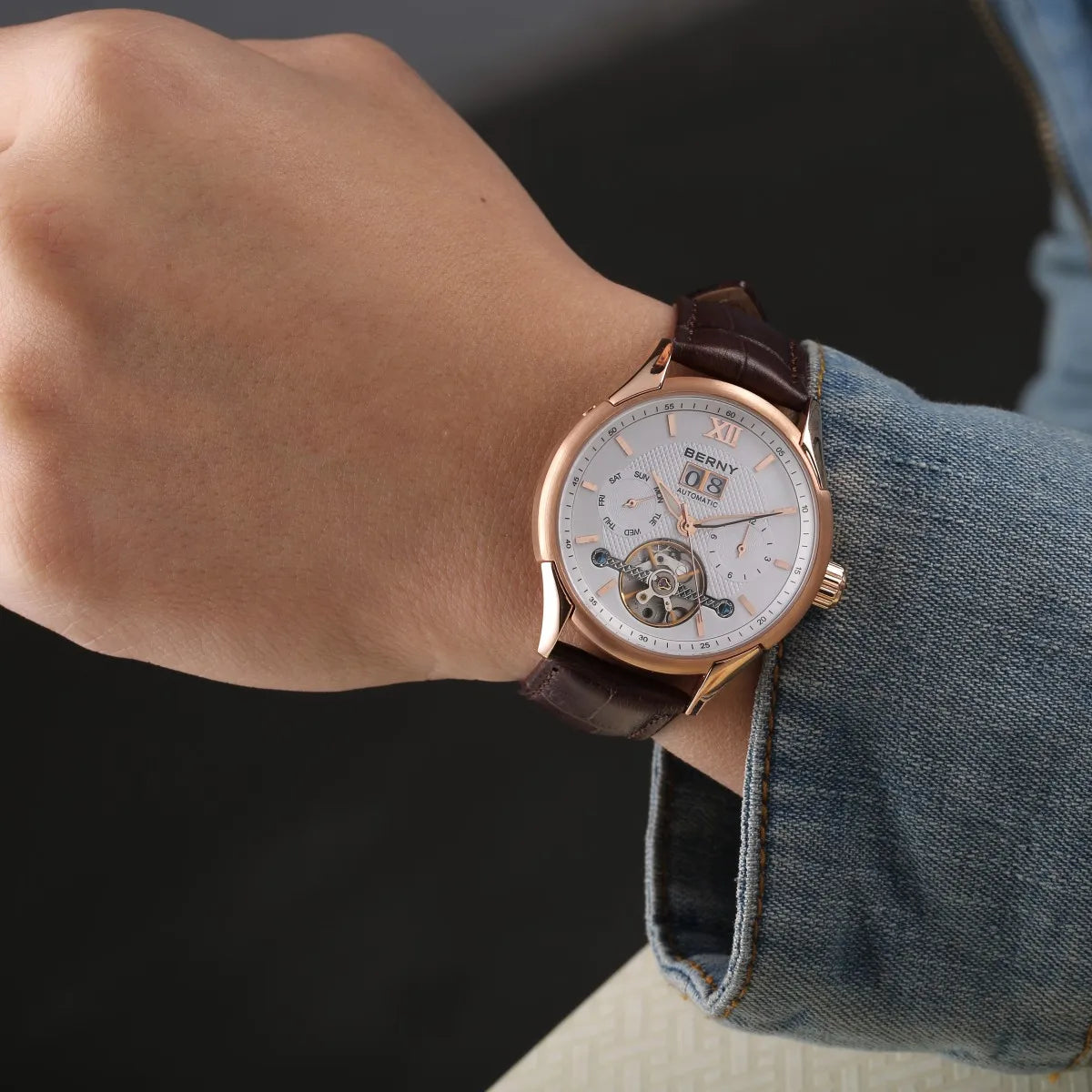 BERNY Automatic Watch for Men Auto Self-wind Mechanical Watches Date Skeleton 5ATM Luxury Male Wristwatches