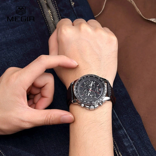 MEGIR men’s analogue quartz wristwatch – Water-resistant luxury watch with leather strap, casual style, model 1010 (black)