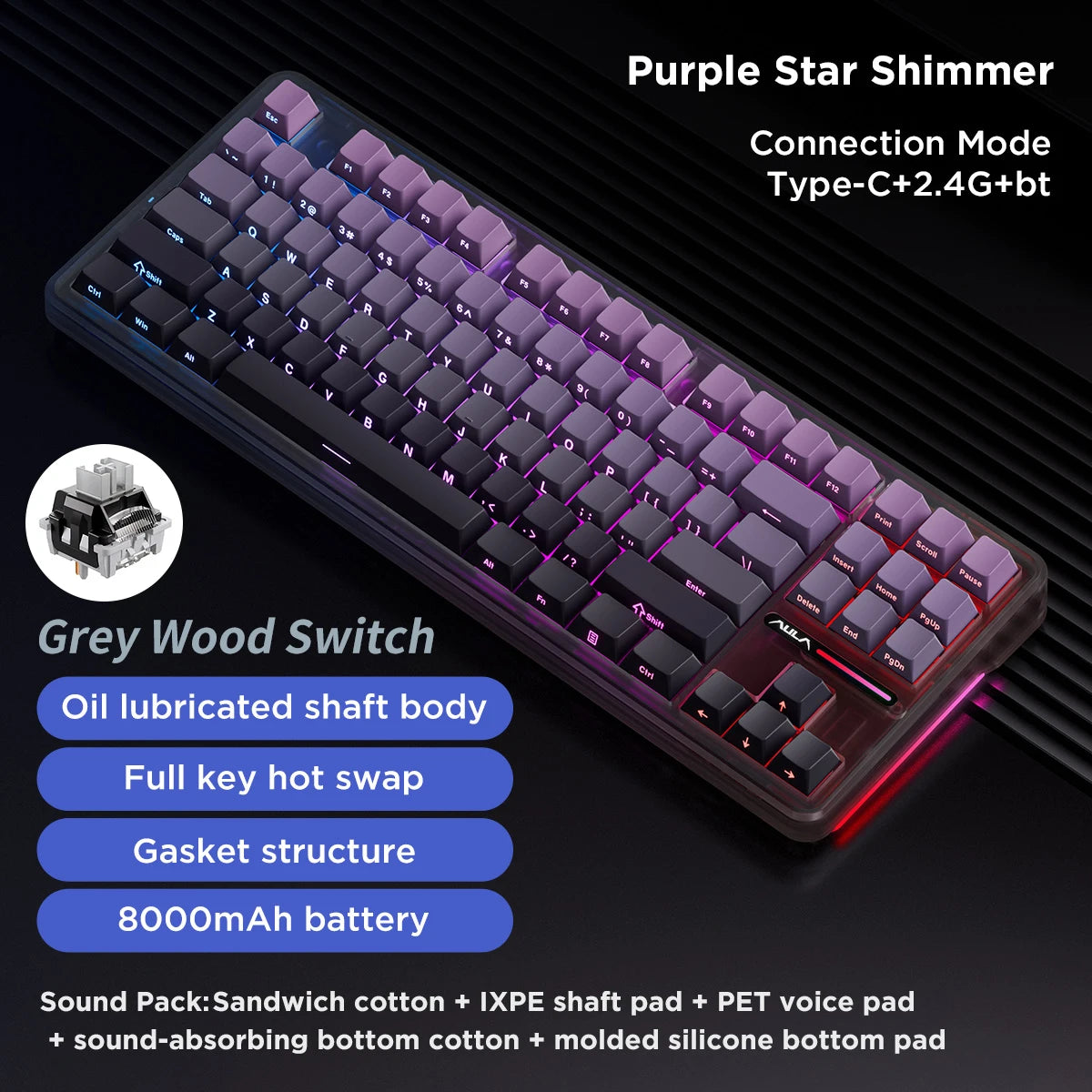 AULA F87 Pro Mechanical Keyboard 2.4g/Usb/Bluetooth Tri Mode Wireless 87 Key 5 Layer Silencing Filling Suitable For Gam Original