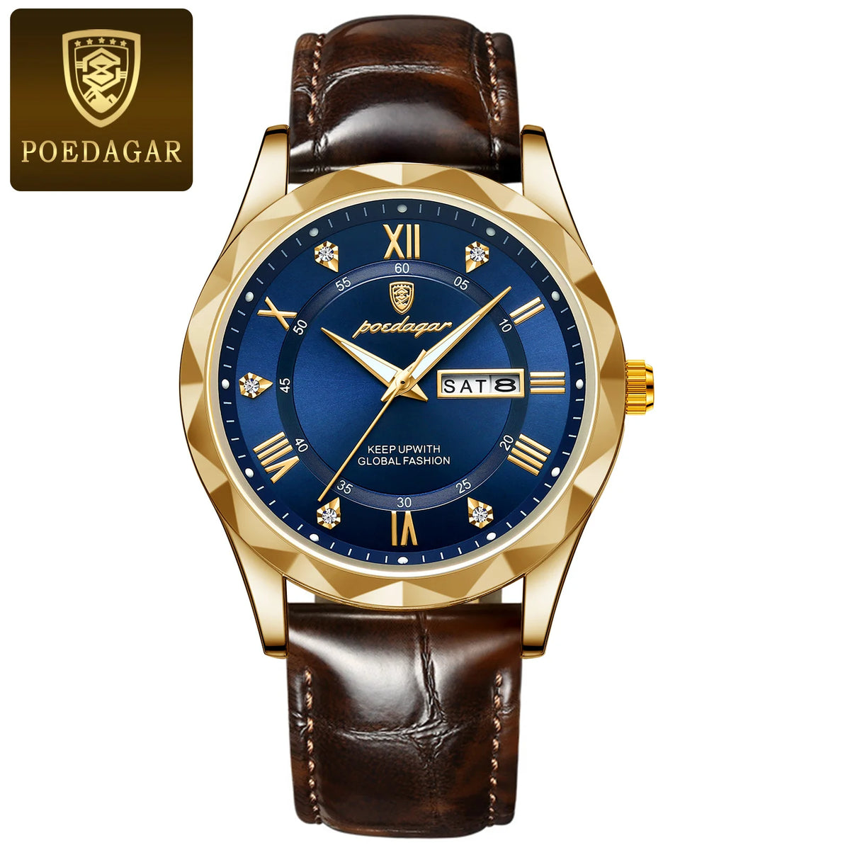 Relógio de homem POEDAGAR, modelo original de luxo: estanque, luminescente, com indicação da data e do dia. Relógio de quartzo com um estilo clássico e profissional, equipado com uma bracelete em pele.