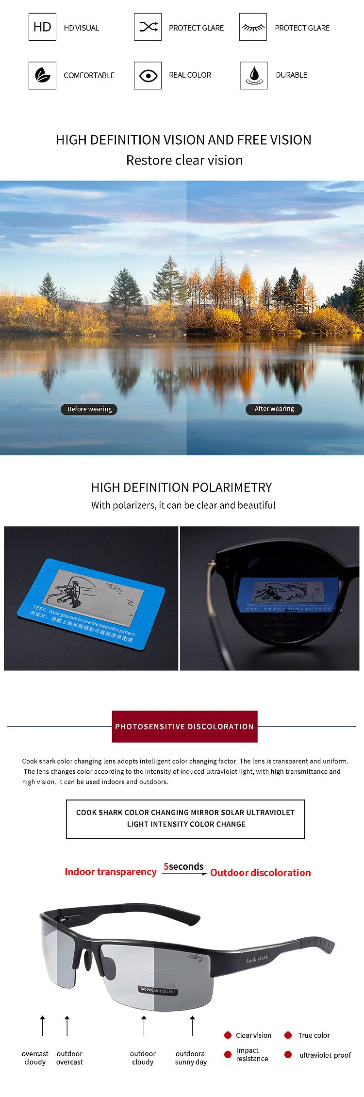 Cook sunglasses for men driving with UV-proof discoloration sunglasses polarized day and night glasses