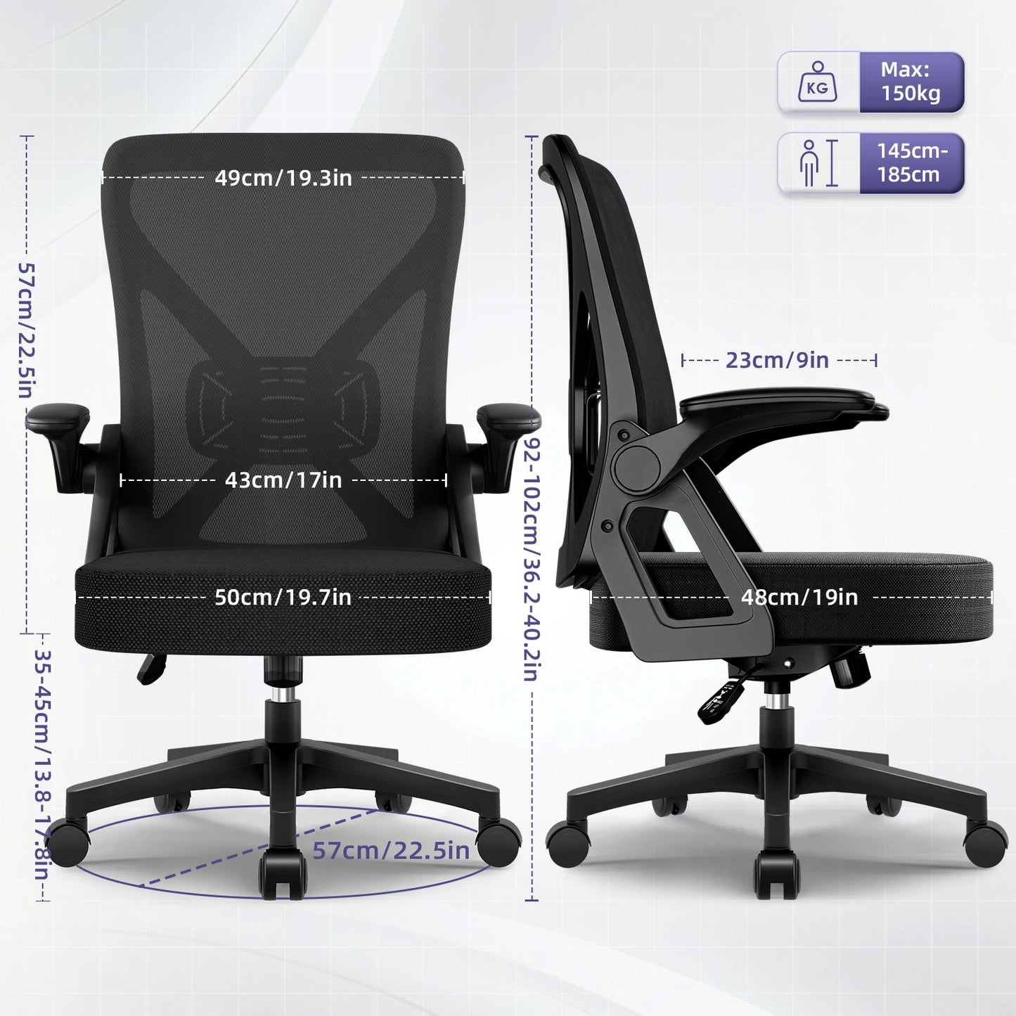 AUTHMIC Ergonomic Office Chair with Lumbar Support, Mesh Back, Flip-Up Armrests, Adjustable Height, Reclining Desk Chair for Home Office