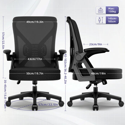 AUTHMIC Ergonomic Office Chair with Lumbar Support, Mesh Back, Flip-Up Armrests, Adjustable Height, Reclining Desk Chair for Home Office