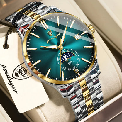 Relógio de luxo para homem POEDAGAR, estilo casual, em aço inoxidável, com movimento de quartzo, à prova de água, luminoso, com data, elegante.