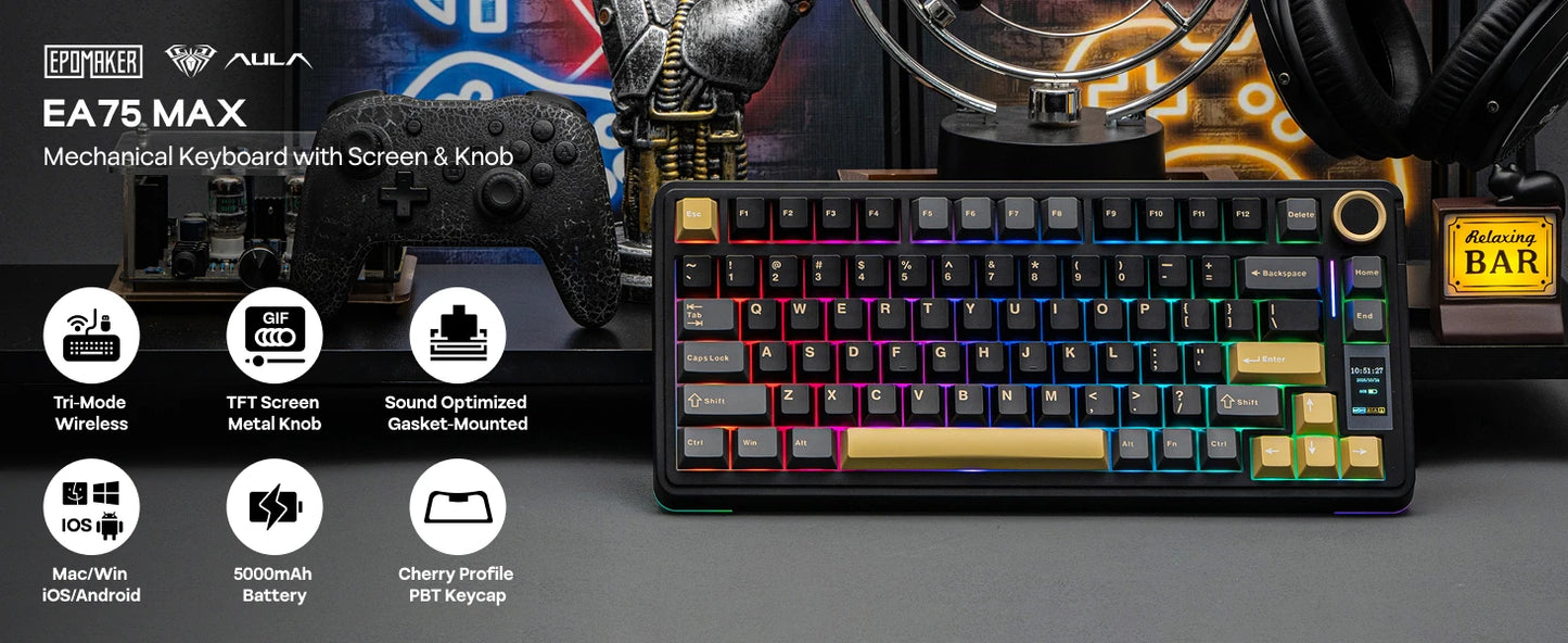 Teclado mecánico EPOMAKER X AULA EA75 MAX 75% ANSI US con hot-swap, montaje gasket, conexión por cable/BT/inalámbrica 2.4GHz, pantalla y perilla