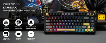 Teclado mecánico EPOMAKER X AULA EA75 MAX 75% ANSI US con hot-swap, montaje gasket, conexión por cable/BT/inalámbrica 2.4GHz, pantalla y perilla