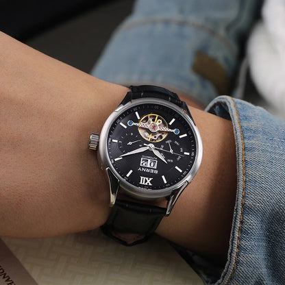 BERNY Automatic Watch for Men Auto Self-wind Mechanical Watches Date Skeleton 5ATM Luxury Male Wristwatches