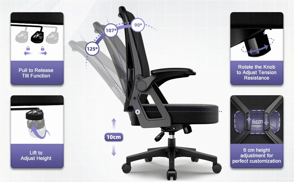 AUTHMIC Ergonomic Office Chair with Lumbar Support, Mesh Back, Flip-Up Armrests, Adjustable Height, Reclining Desk Chair for Home Office