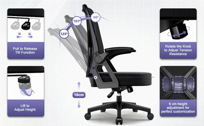 AUTHMIC Ergonomic Office Chair with Lumbar Support, Mesh Back, Flip-Up Armrests, Adjustable Height, Reclining Desk Chair for Home Office