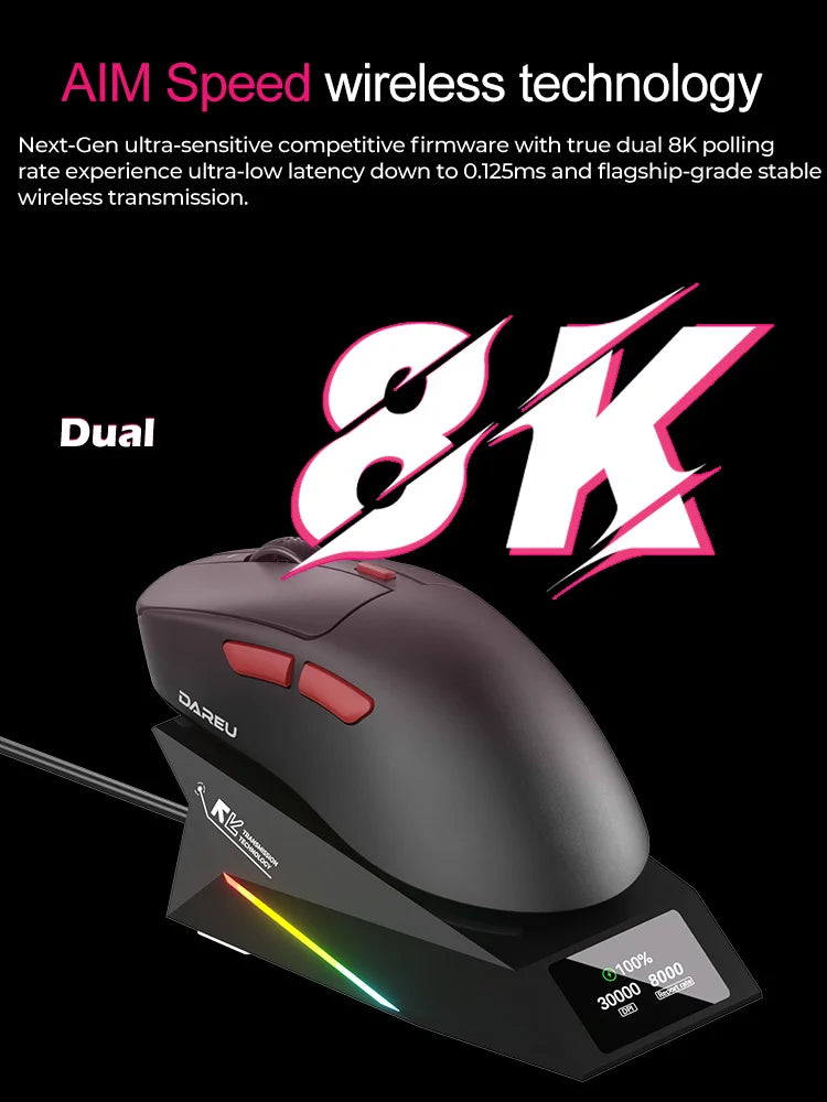 DAREU draadloze gamingmuis 8khz polling rate AIM-750 (3950) 30000 DPI tri-mode gamermuis 60g met oplaadstation