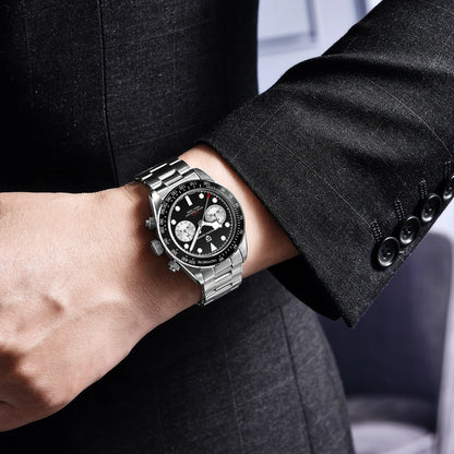 Pánske hodinky PAGANI DESIGN „Panda“ – luxusný quartzový chronograf, vodotesné, zafírové sklo s antireflexnou úpravou, športové hodinky s luminiscenčným ciferníkom