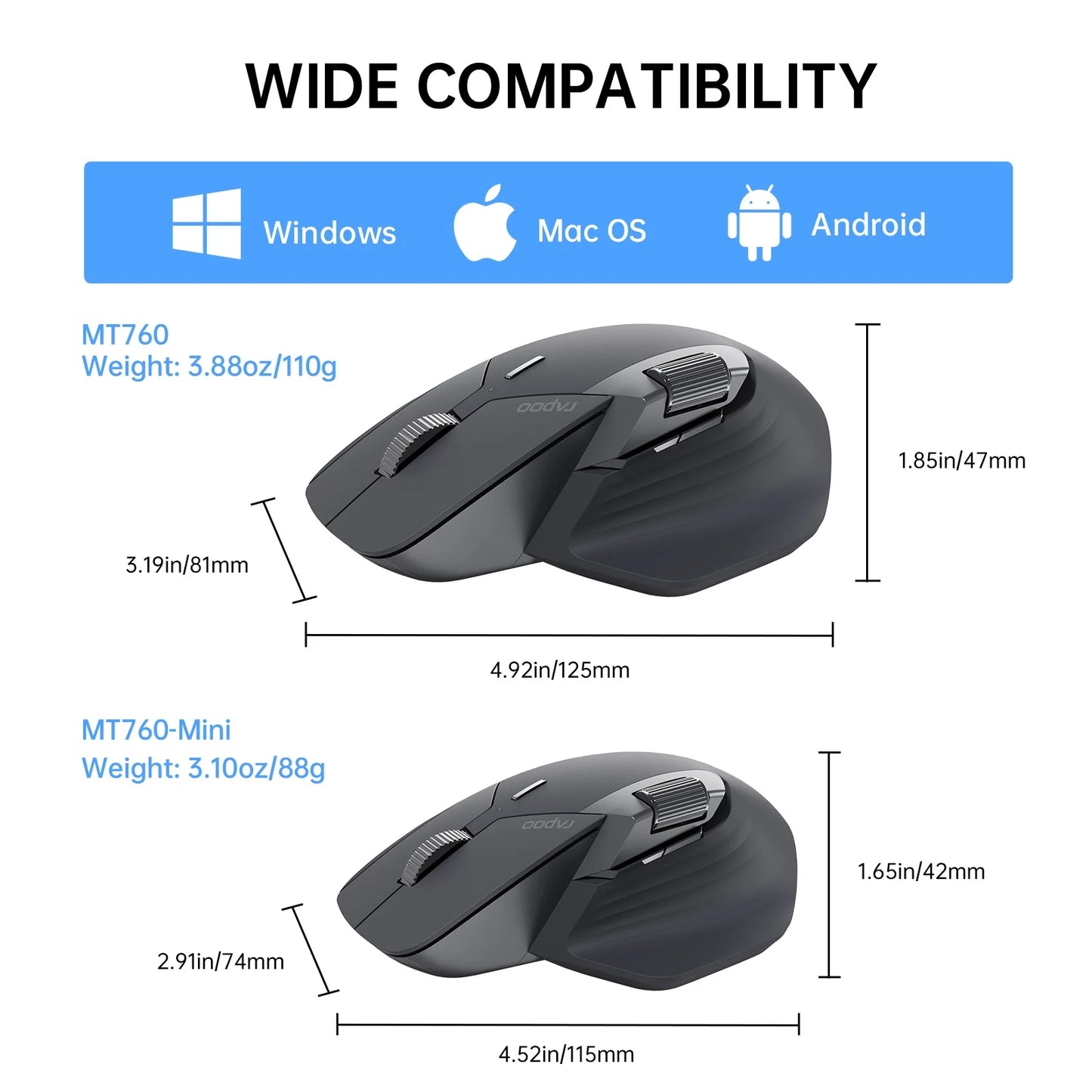Rapoo MT760L/MT760M monen tilan ladattava langaton hiiri, ergonominen, 4000 DPI, tukee jopa 4 laitetta, Bluetooth-hiiri