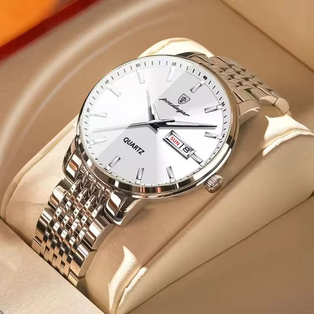 Montre homme POEDAGAR Business Quartz, acier inoxydable, étanche, date lumineuse, montre-bracelet de luxe décontractée pour homme