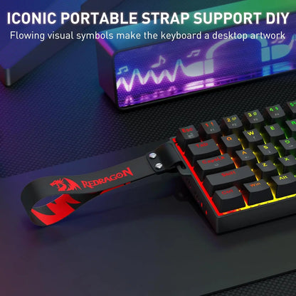 Redragon K530 Pro 60% Wireless RGB Mechanical Keyboard, 61 Keys, Hot-Swappable, Compact, with Carrying Strap