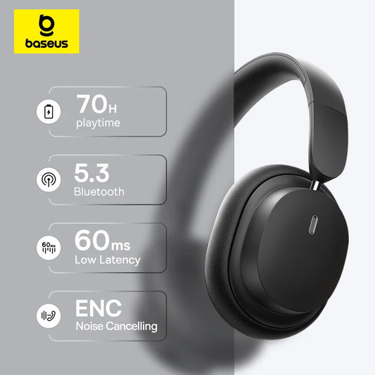 Baseus Wireless Bluetooth 5.3 Over-Ear Headphones – HiFi 40mm Driver, 70H Playtime Foldable Headset with Spatial Audio