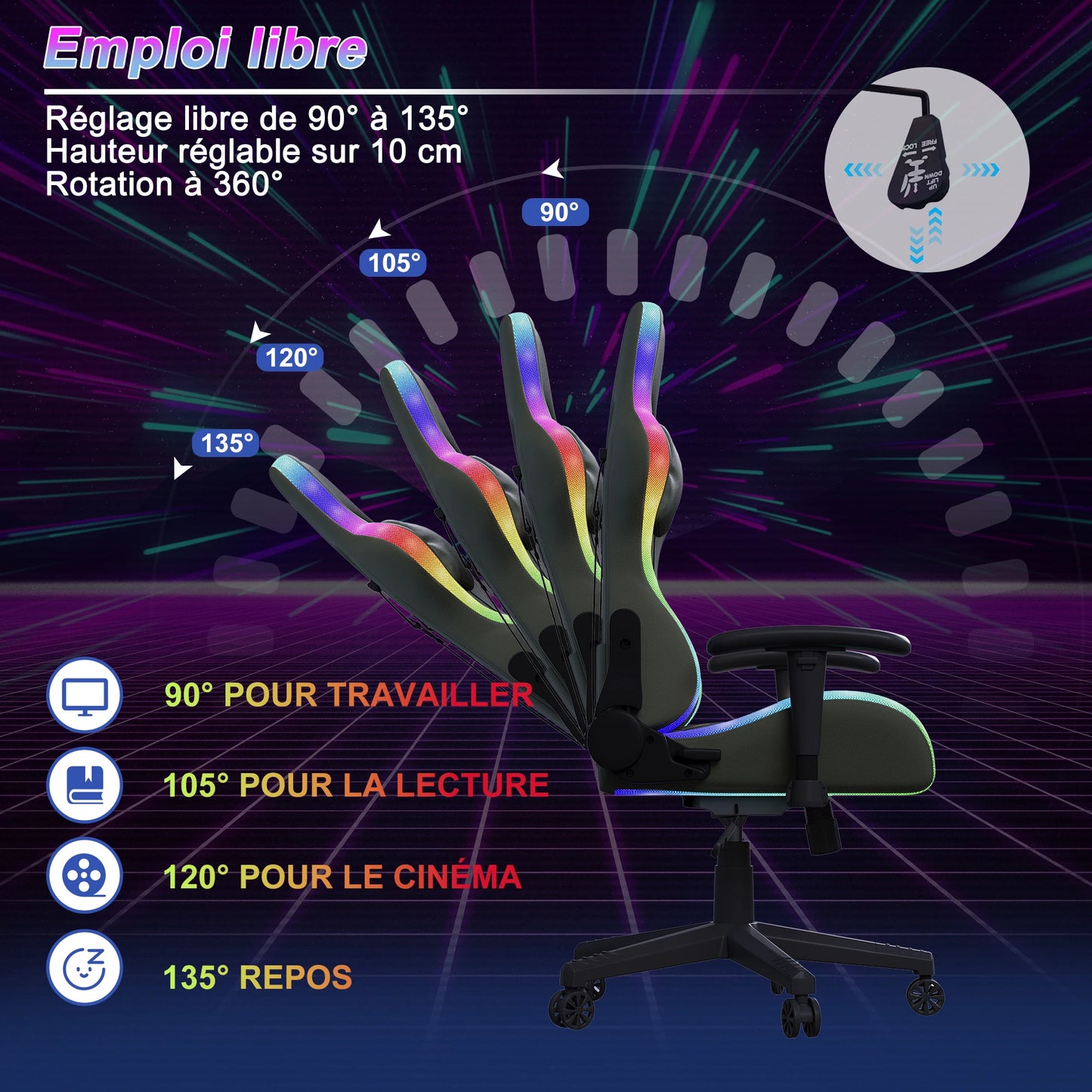 Rosahqnda Gaming Chair with Massage Function, LED Lights, Ergonomic Gaming Chair, Adjustable Reclining Computer Chair with Lumbar Support, Headrest & 150KG Capacity