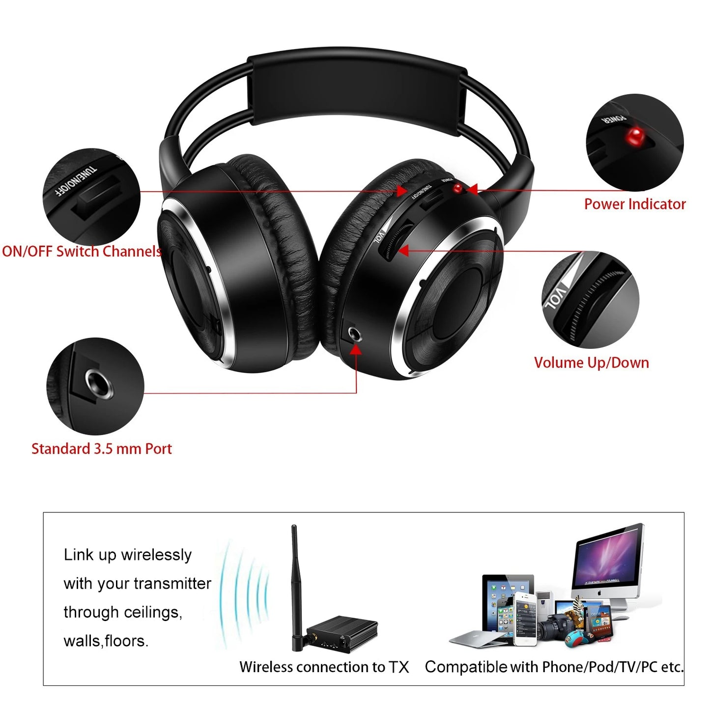 RF Silent Disco Foldable Wireless Headphones Bundle 3 Pack with 500m Transmitter, Stereo Party Headsets for TV, DJ, Dance & Events