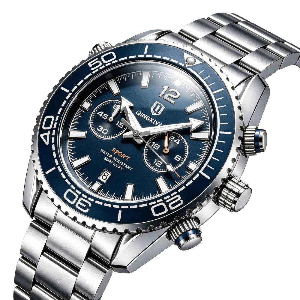 Luxus-Armbanduhr für Herren der Marke QINGXIYA, wasserdichter Sport-Chronograph mit beleuchtetem Datum, lässige Quarzuhr für Herren