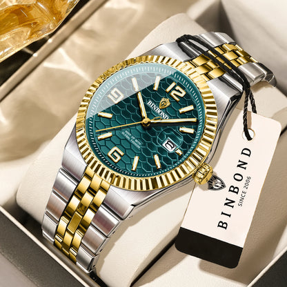 Luxus-Quarz-Armbanduhr von BINBOND, beleuchtet, wasserdicht, mit automatischem Datumsanzeige, für Herren, aus Edelstahl, im Business-, Sport-, Mode- und Freizeit-Stil.