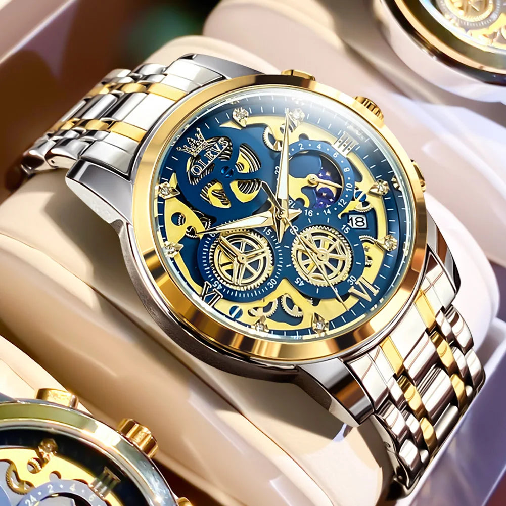 OLEVS herenhorloge – Luxe model, waterdicht, quartz, skeletstijl, 24-uursweergave (dag/nacht), goudkleurig