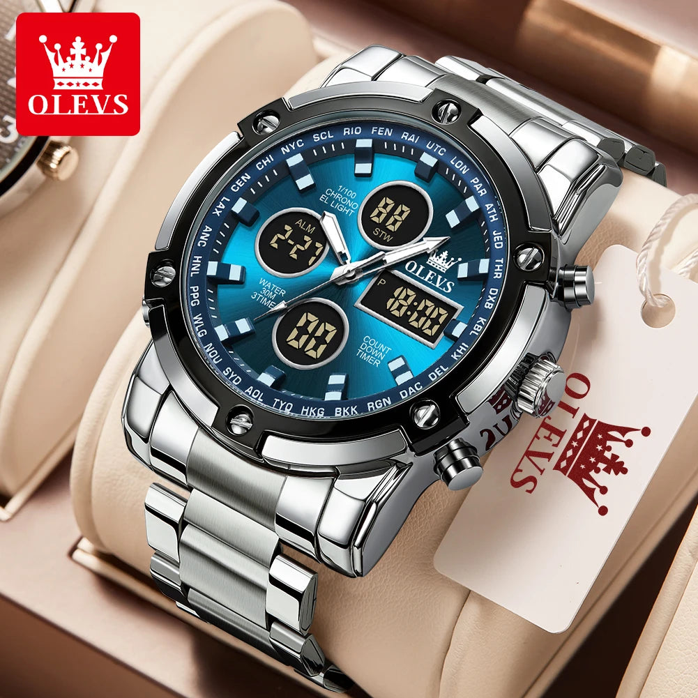OLEVS Men’s Watch – Water-resistant stainless steel quartz wristwatch with LED display – Sporty and trendy style (model 1106)