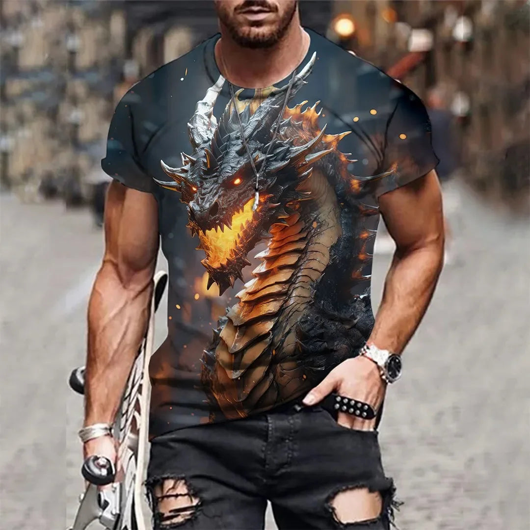 Summer New Men's O-neck T-shirt Flame Magic Dragon 3D Print Casual Breathable Lightweight Versatile Design Short Sleeve Manswear