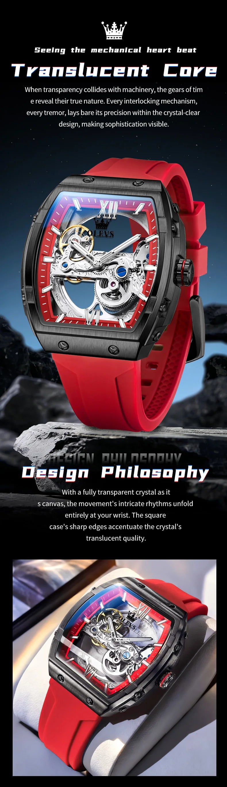 OLEVS 6779 fashion men's watches waterproof Transparent dial silicone tape mechanical watch for man Original brand wristwatch