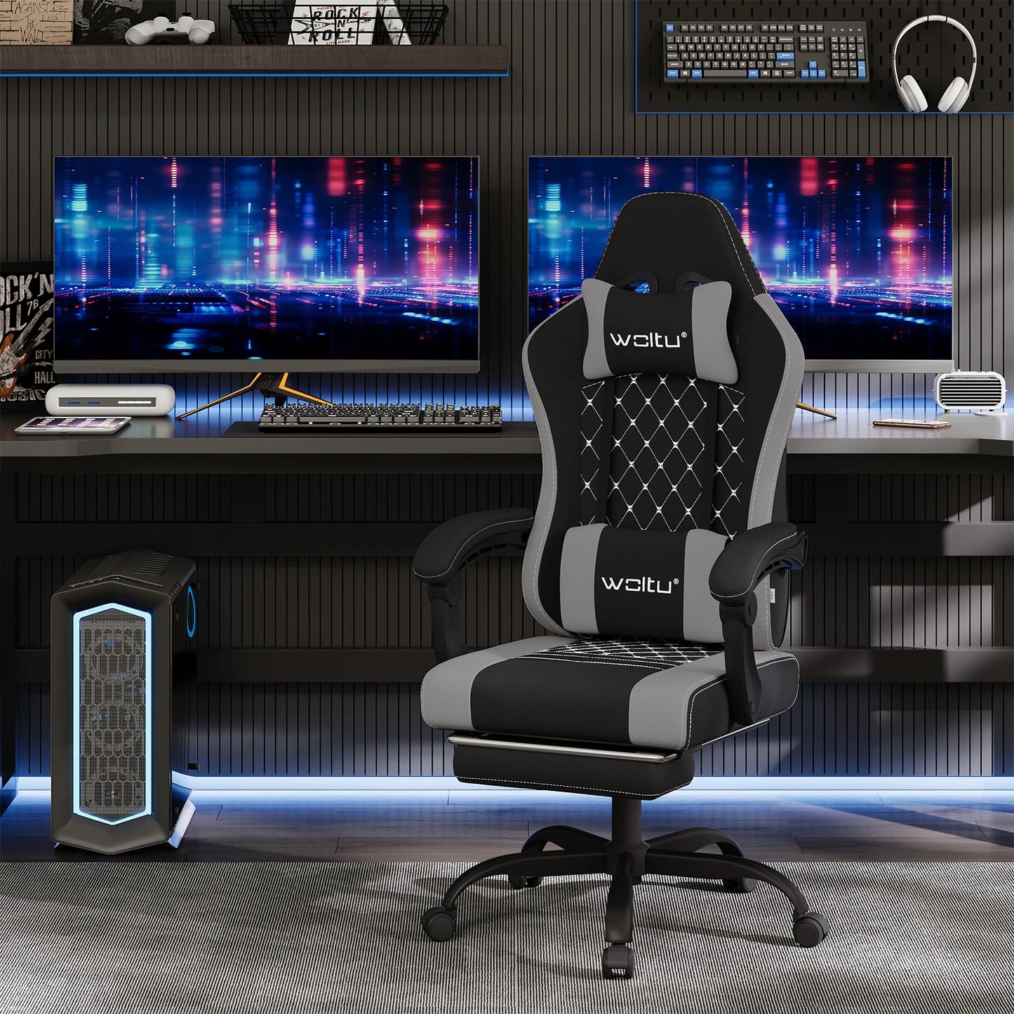 WOLTU snurrbar datorstol med massagefunktion, ergonomisk kontorsstol med kudde och fotstöd, höjdjusterbar gamingstol