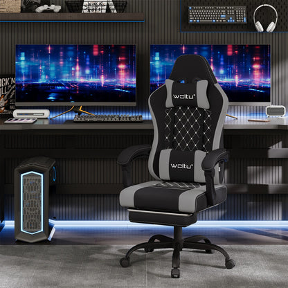 WOLTU snurrbar datorstol med massagefunktion, ergonomisk kontorsstol med kudde och fotstöd, höjdjusterbar gamingstol